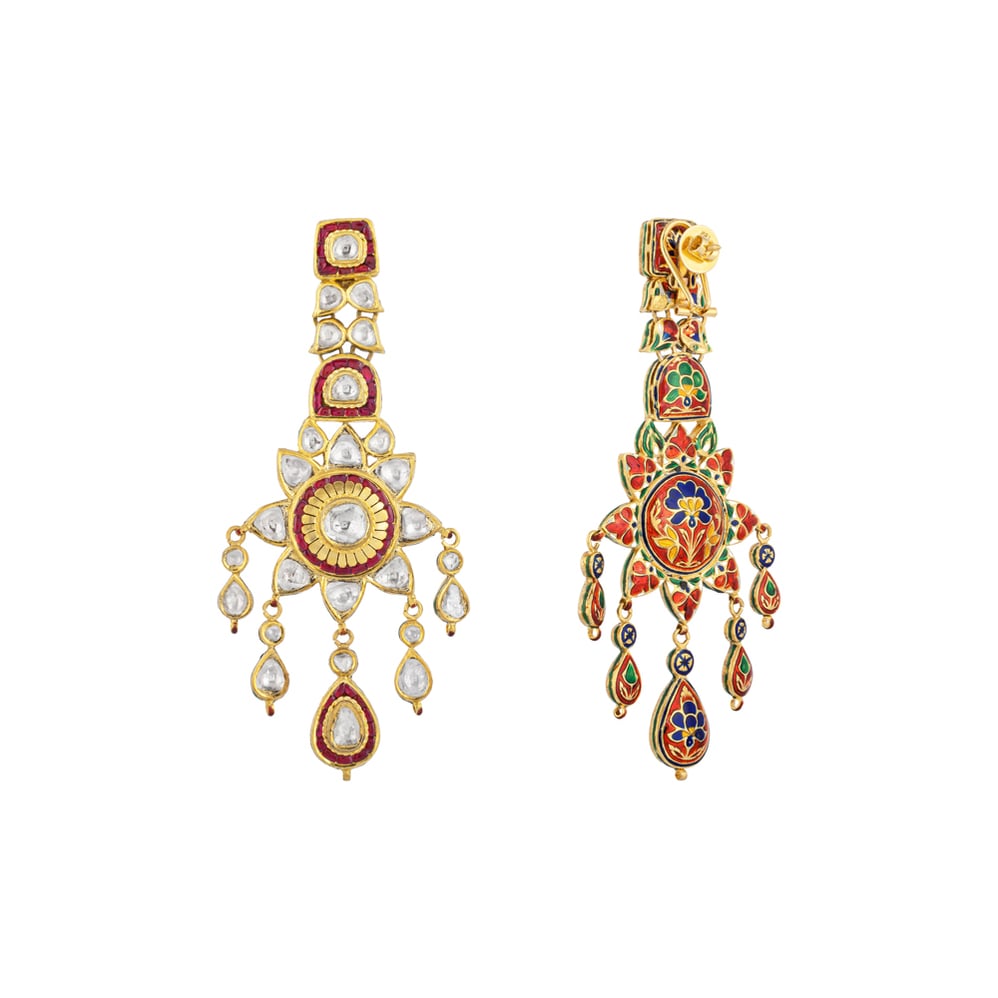 Sunburst Polki Earrings with Red Talaf & Teardrop Polkis